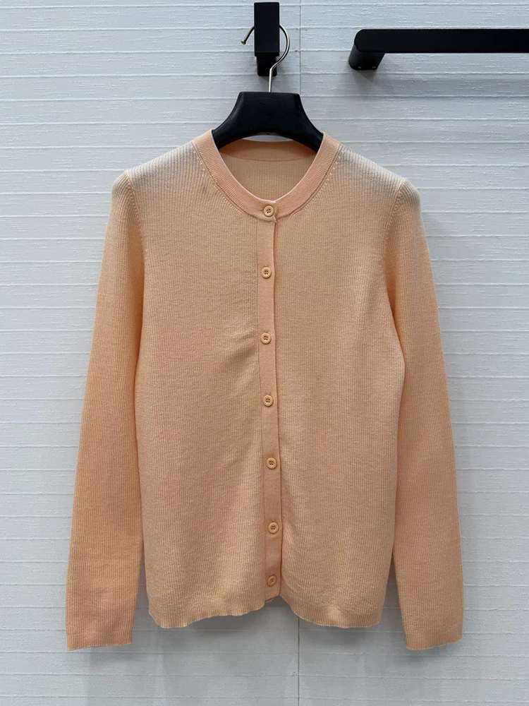 

Весенне-осенний модный оранжевый шерстяной вязаный кардиган для женщин с круглым вырезом, длинными рукавами и однобортной застежкой, простой свитер