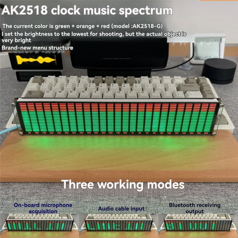 CABE-AK2518 Clock Bluetooth Music Spectrum LED Music Spectrum Green+Orange+Red Display Color Audio Signal Melody Rhythm Lamp