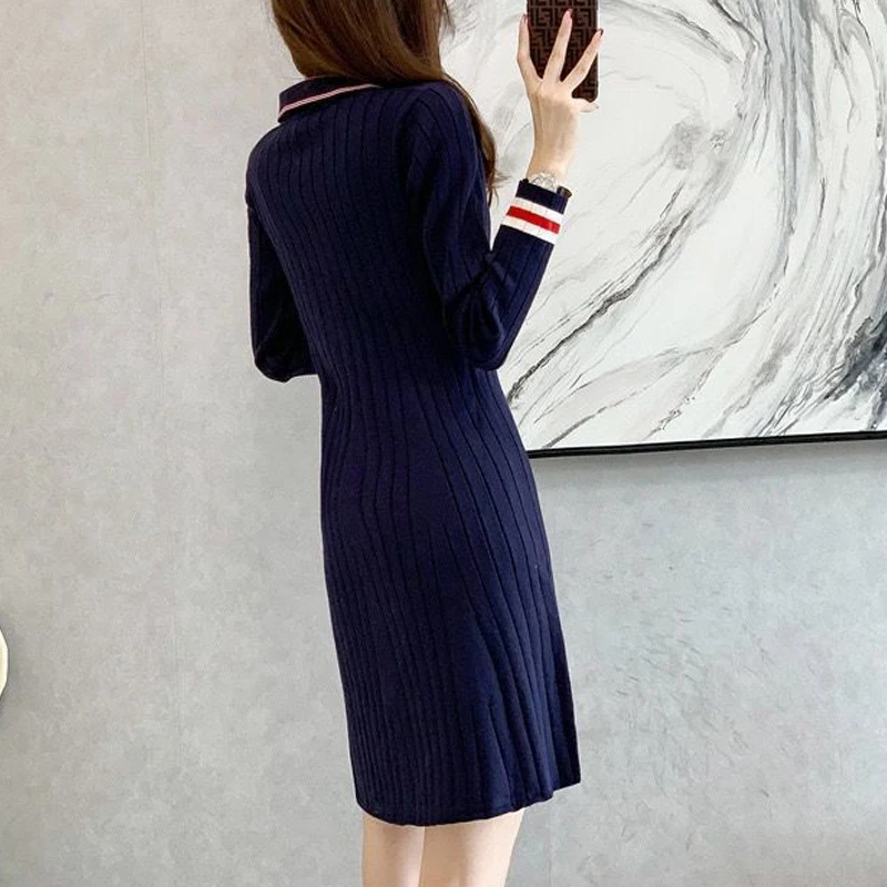 Korean Fashion Striped Patchwork Elegant Chic Knitted Dresses for Women Casual Polo Collar Long Sleeve Slim Mini Dress Vestidos