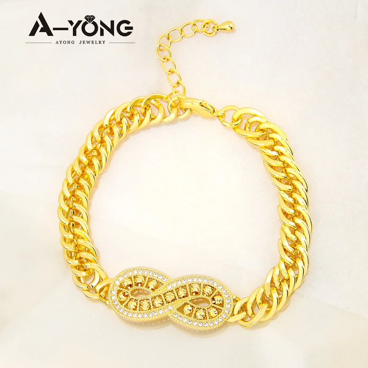 Luxury Gold Plated Beads Bracelet 21k Gold Color Turkish Cuban Infinity Bangles Dubai Saudi Women Wedding Party Jewelry