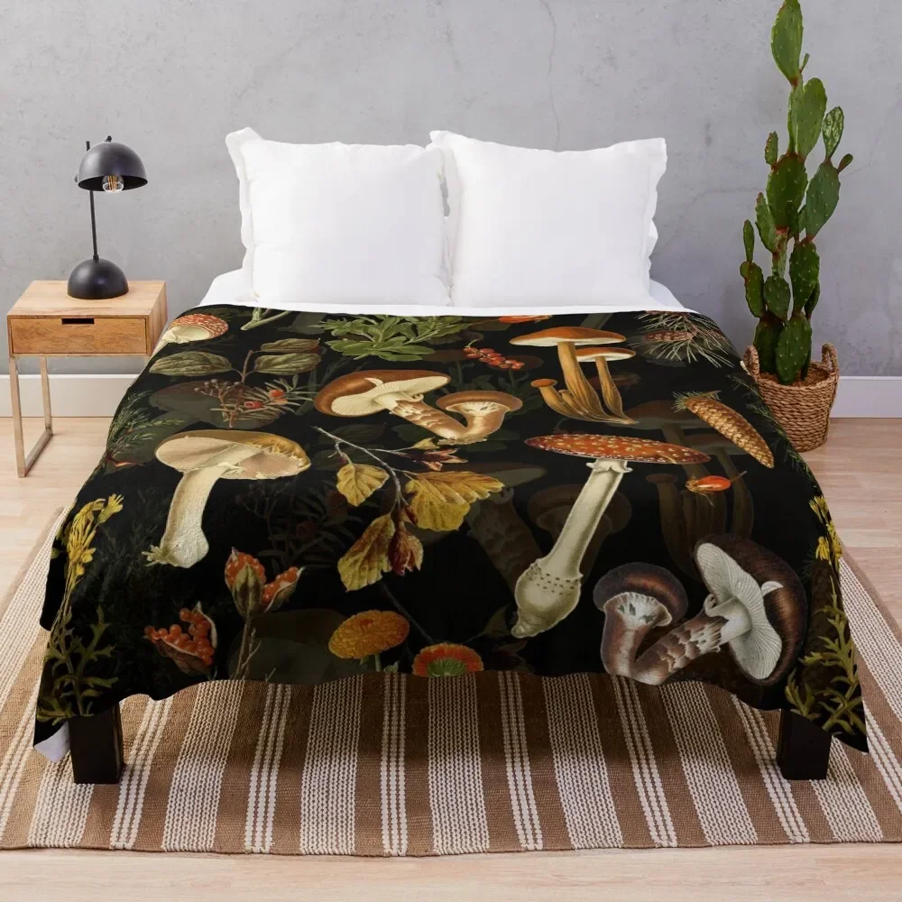 

Vintage Midnight Mushrooms Forest Autumnal Botanical Pattern - Black Botanical Night Garden Throw Blanket Cute Blankets