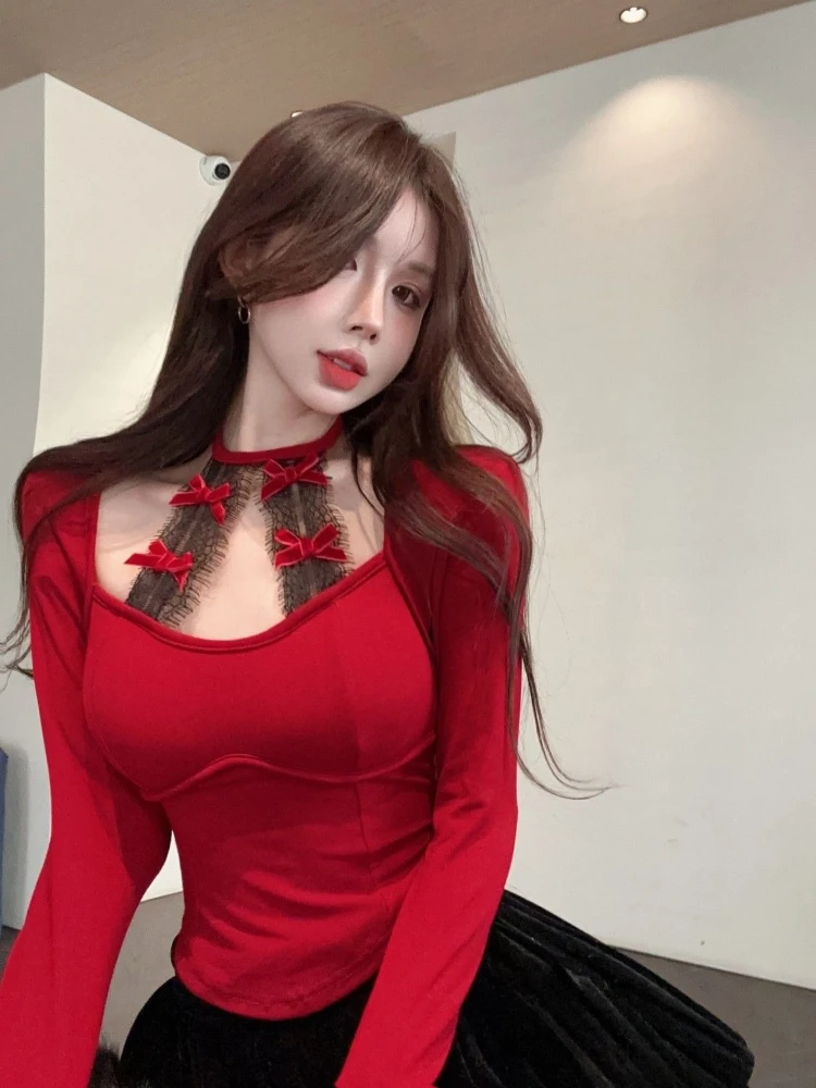 

Сексуальный облегающий укороченный топ с длинным рукавом и кружевом для женщин, осенне-зимний, красный, в стиле Pure Desire, модная женская одежда