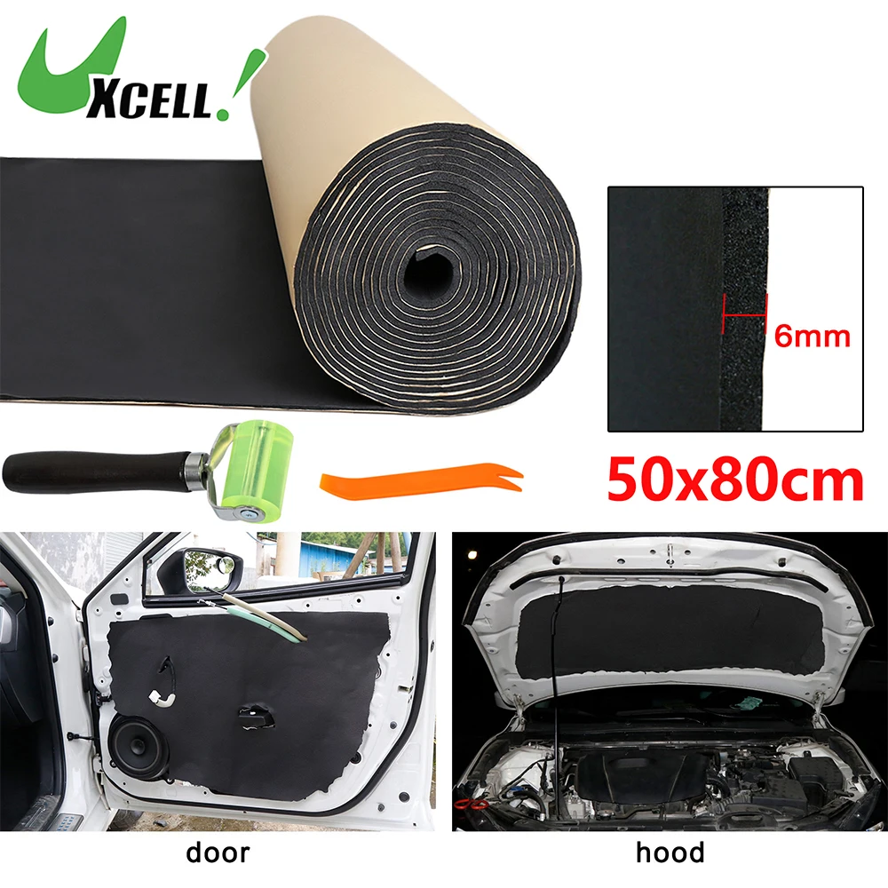 Uxcell 80x50cm Car Sound Insulation Mat 6mm Deadener Door Hood Bonnet Heat Insulation Acoustic Barrier with Roller Push Tool