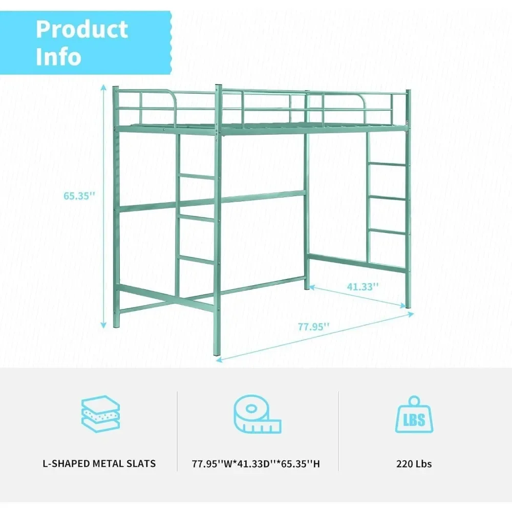 Cama Loft multifuncional de tamaño doble, barandilla de seguridad y escalera, ahorro de espacio