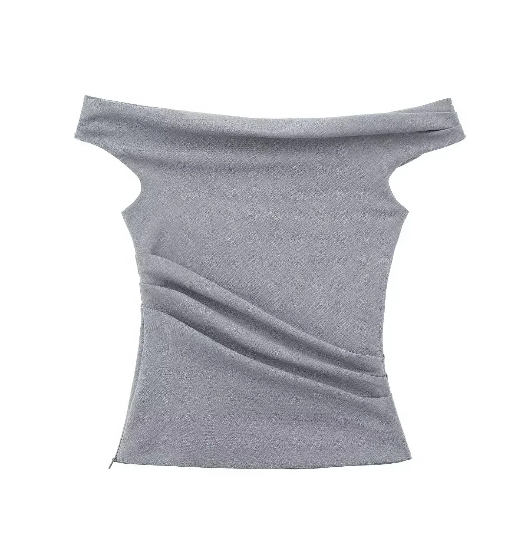 TRAF Ruched Grey Crop Top Women Off Shoulder Youth Blouses Woman Sleeveless Pleated Cropped Blouse Female Striped Bodycon Top