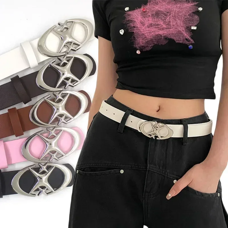 Women Punk Star Buckle Belt Design Cross Metal Vintage Gothic Belt for Men Women Y2K Pu Leather Waistband Pants Jeans Lady Belt