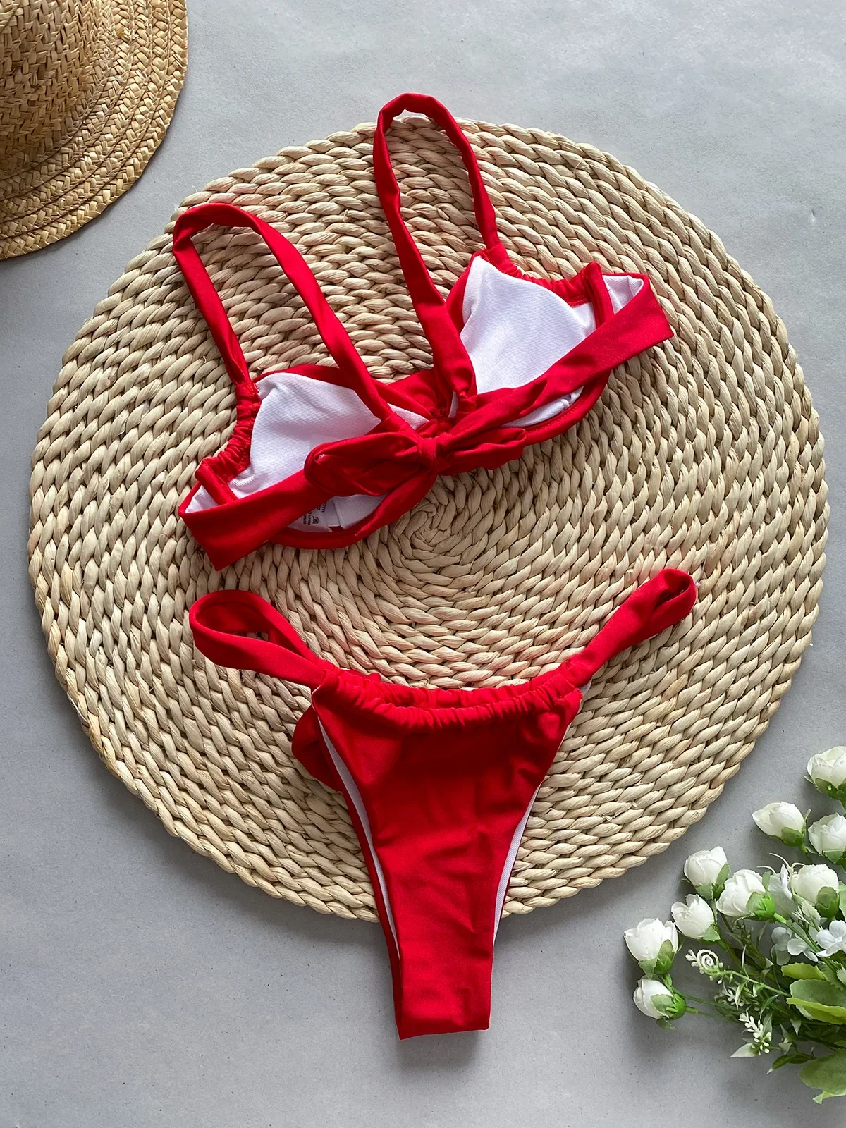 Sexy 3D Bloemen Bikini Vrouwen Wit Rood Push Up Beugel Micro Badpak Braziliaanse Uitgesneden Strand Badpak Thong Badmode 2024