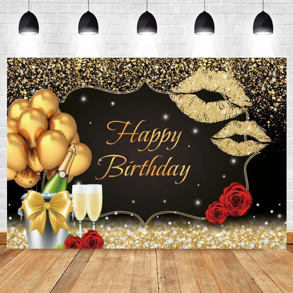 

Aldult Happy Birthday Party Portrait Photography Background Flower Balloon Gold Glitter Backdrop Decor For Photo Studio Props