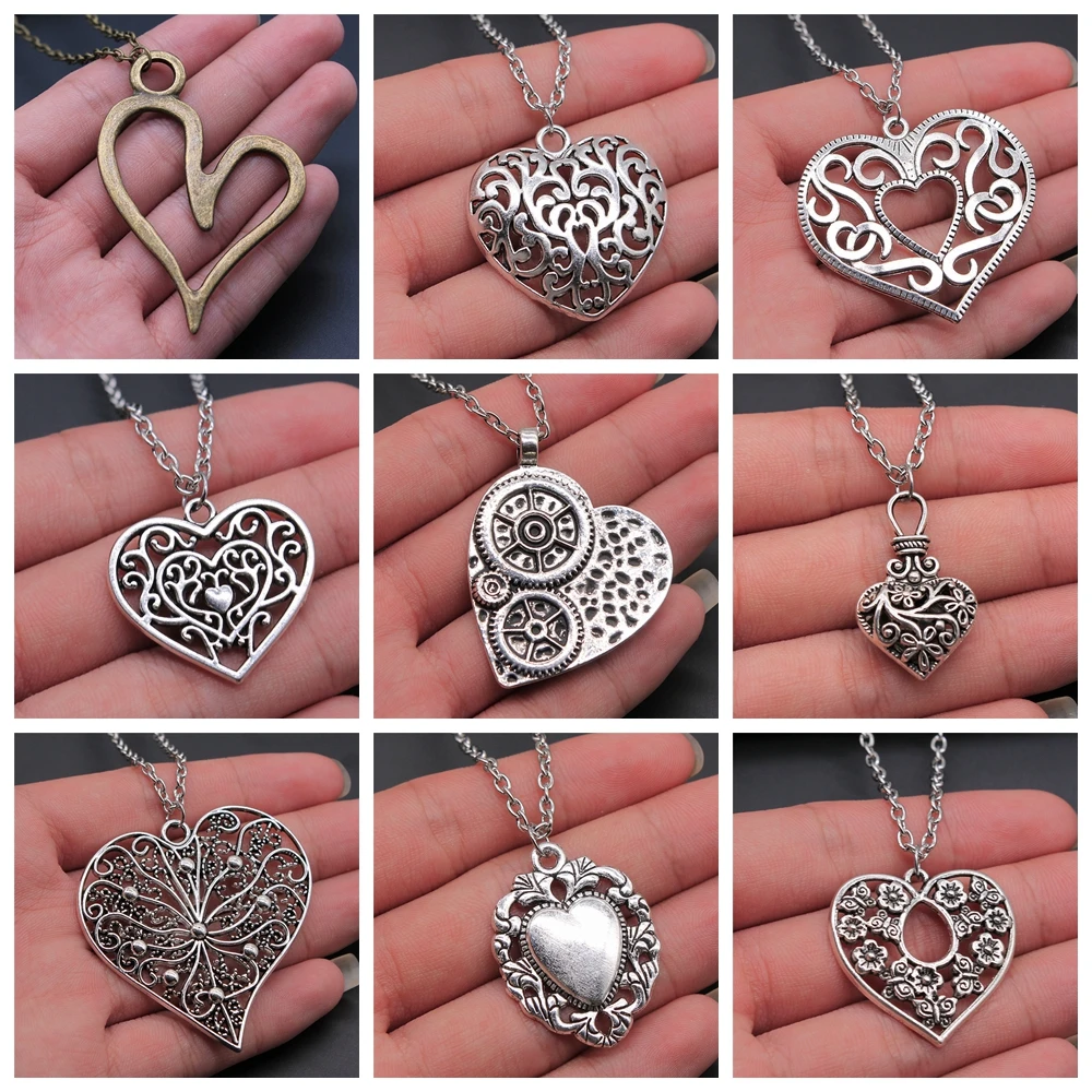 3D Hohl Herz Anhänger Halskette Vintage Antik Silber Farbe Geschnitzte Herz Anhänger Halskette Für Frauen Lange Metall Kette Halskette