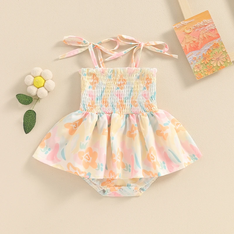 Summer Baby Girls Romper Jumpsuit Newborn Clothes Tie-up Sleeveless Flower Print Bodysuit Dress Infant Toddler Clothing