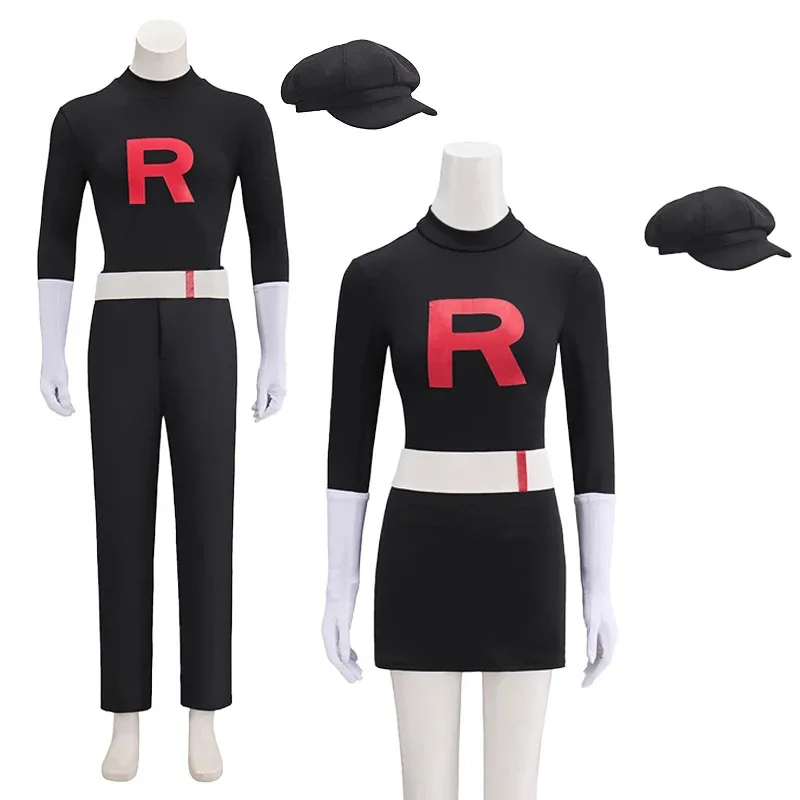 

Team Rocket Grunt Cosplay Anime Black Uniform Hat Man Halloween Carnival Party Outfits Woman Christmas Costumes jk;6
