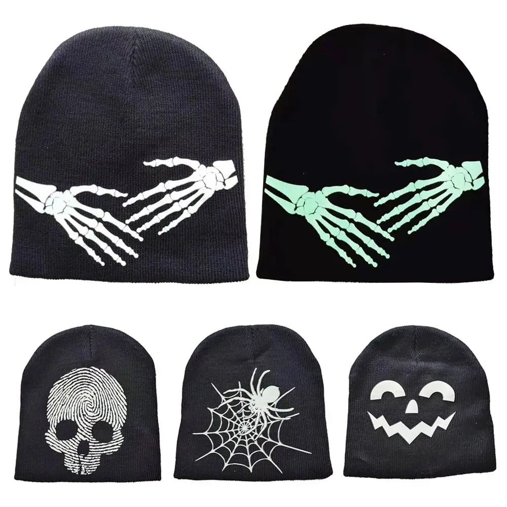 Fashion Knitting Caps Men Women Halloween Gothic Luminous Spider Web Skullies Beanies Winter Warm Fashion Hundred