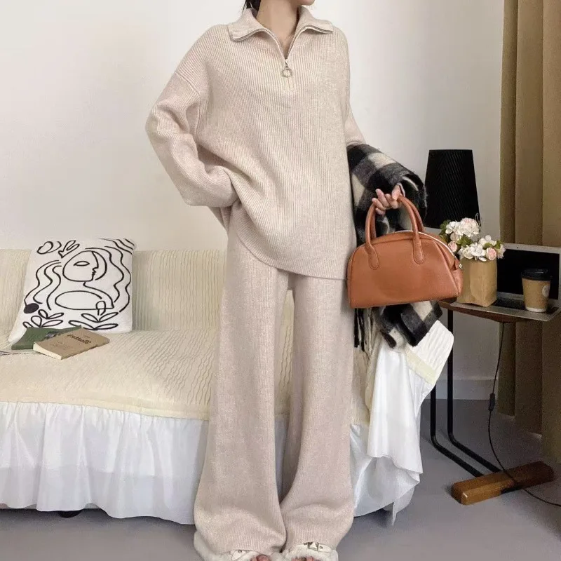 Set da 2 pezzi autunno donna maglione con cerniera top pullover lavorati a maglia a maniche lunghe pantaloni a gamba larga maglione casual da donna abiti invernali