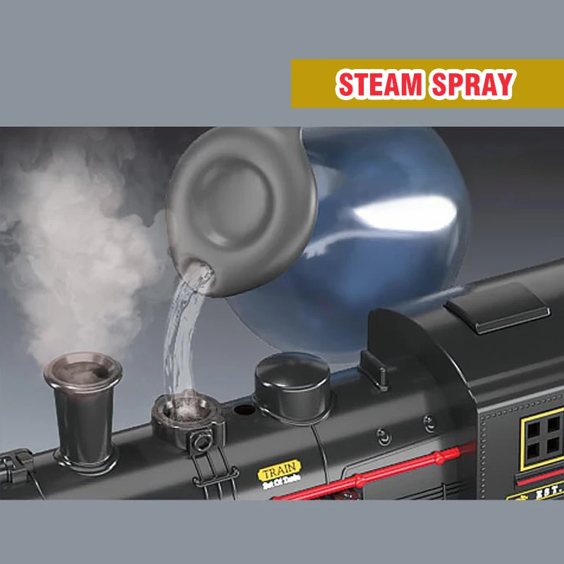 Tren de vapor Retro de simulación con luces, música, ferrocarril de alta velocidad, estacionamiento, pista eléctrica para niño, coche, juguetes para niños, modelo de montaje DIY