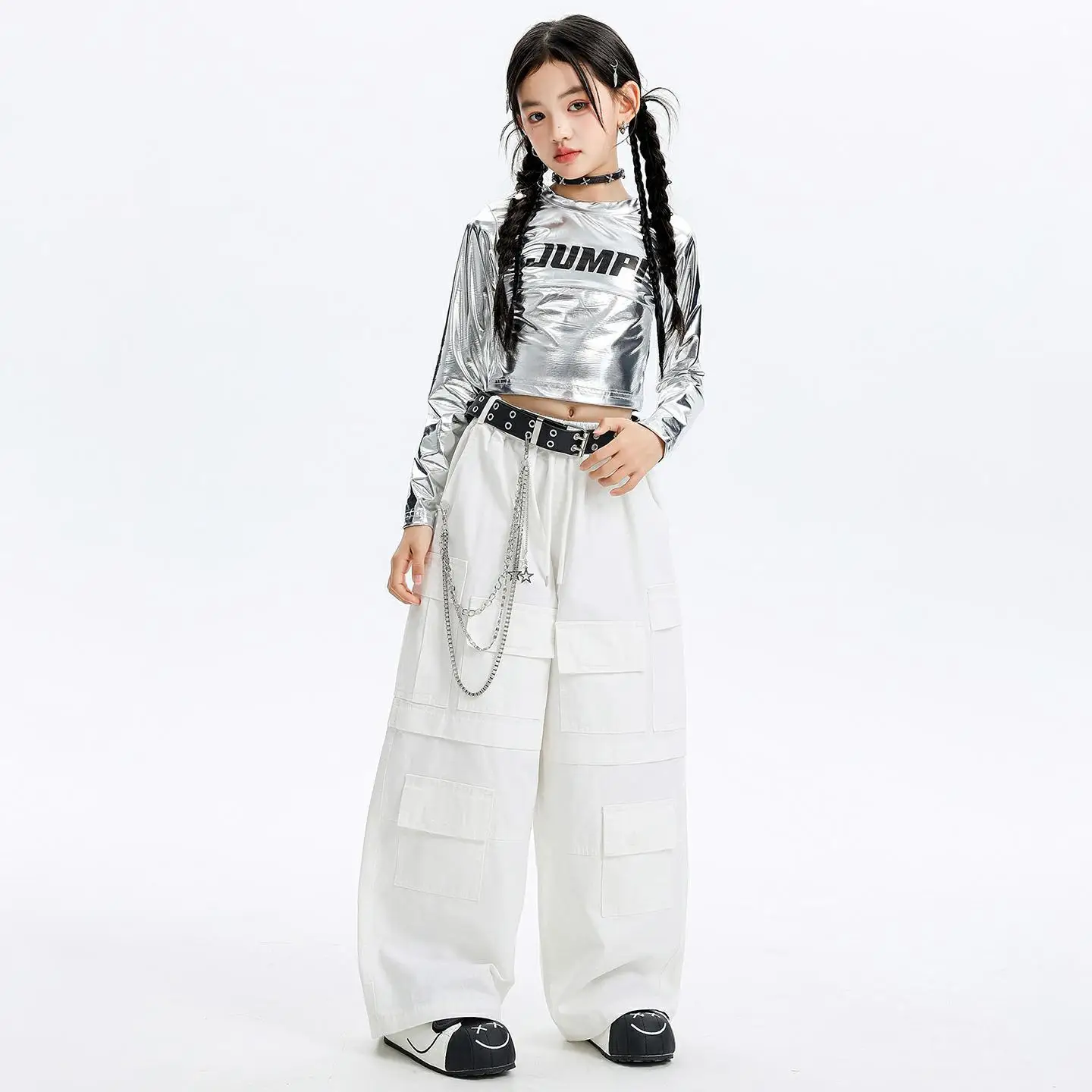 Kid Kpop Hip Hop Kleidung Silber Metallic Crop Langarm T-Shirt Weiß Multi Taschen Cargohose für Mädchen Street Dance Kostüme