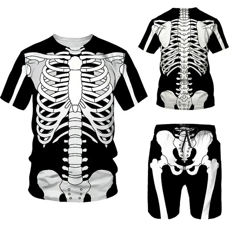 

2025 забавная спортивная одежда со скелетом мышц и 3D принтом, мужская пляжная одежда, футболка с круглым вырезом и короткими рукавами, шорты, комплект из 2 предметов