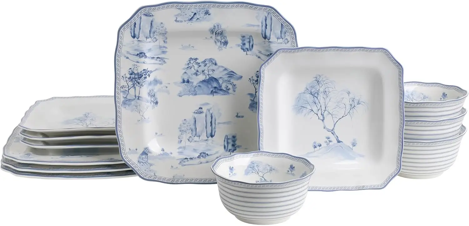 

Scenic Toile Blue Porcelain 12-Piece Dinnerware Set - Service for 4, Includes Dinner Plates, Salad Plates & Cereal Bowls, Glossy