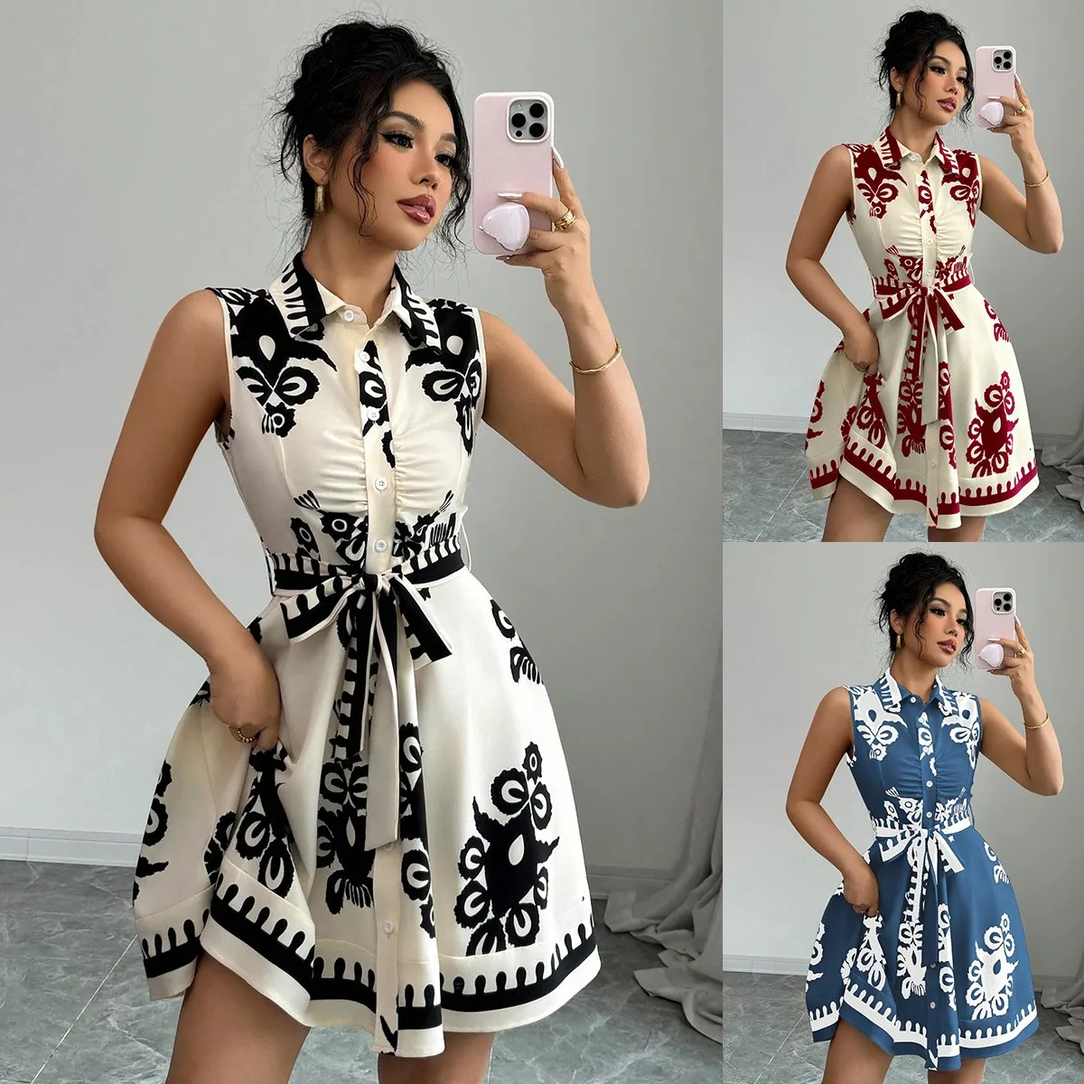 

Women's Dress Sleeveless Floral Midi Dresses Waist Tie Summer Dress Button Front Collar Casual Dress A Line Self Tie Cream Blue