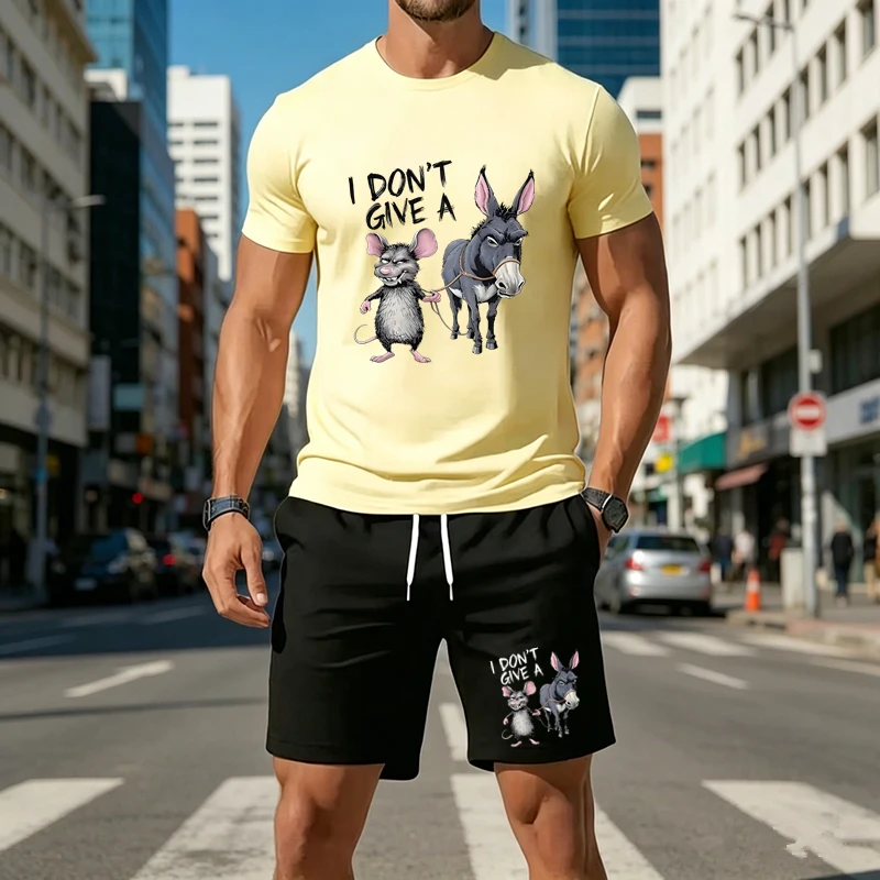 

Men's 2 PC Outfit Funny Mouse Donkey Cartoon Print Short Sleeve T Shirt And Drawstring Shorts Summer Casual Streetwear Mesh