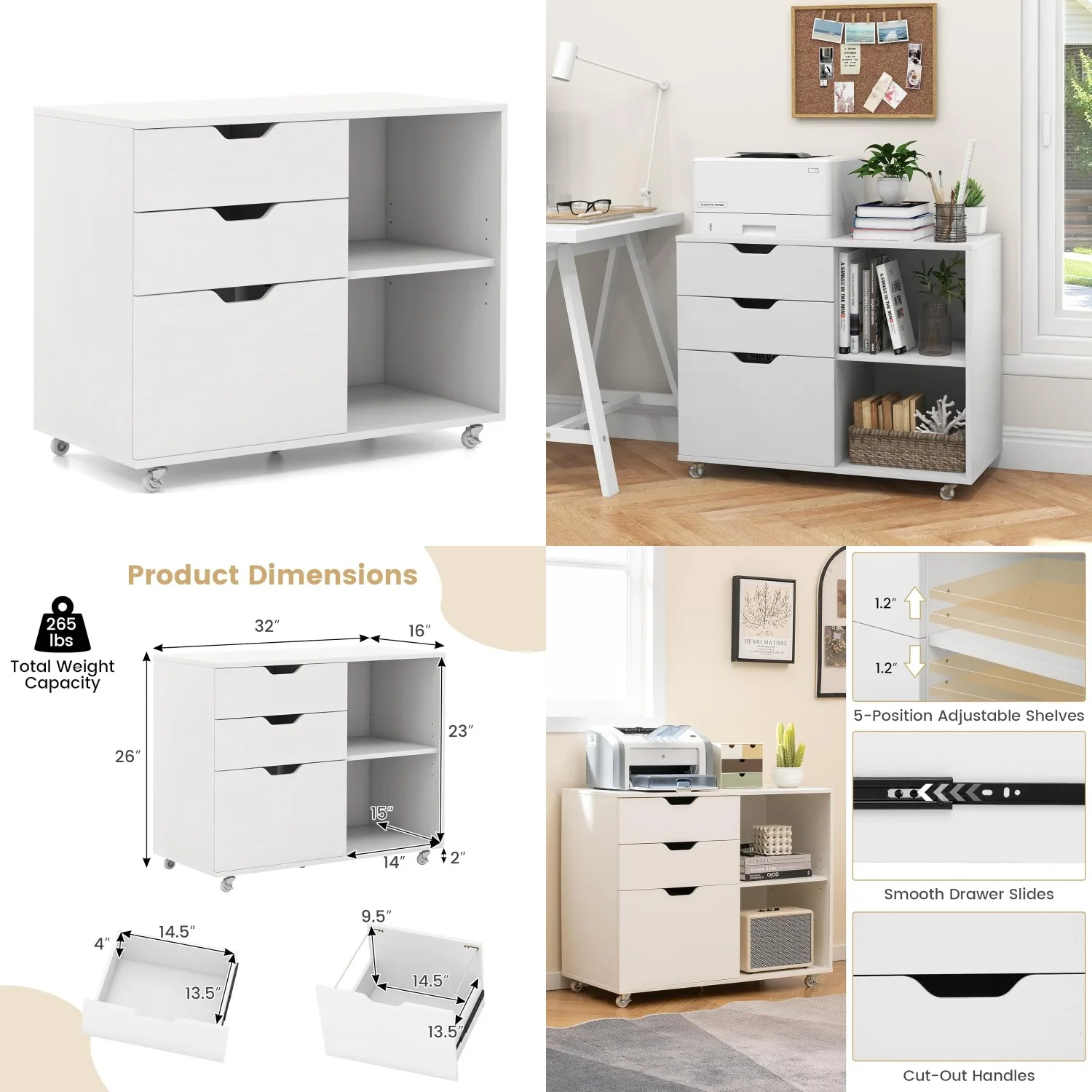

3-Drawer File Cabinet, Rolling Lateral Filing Cabinet with Open Storage Shelves, Under Desk Storage Organizer Fits, Customized