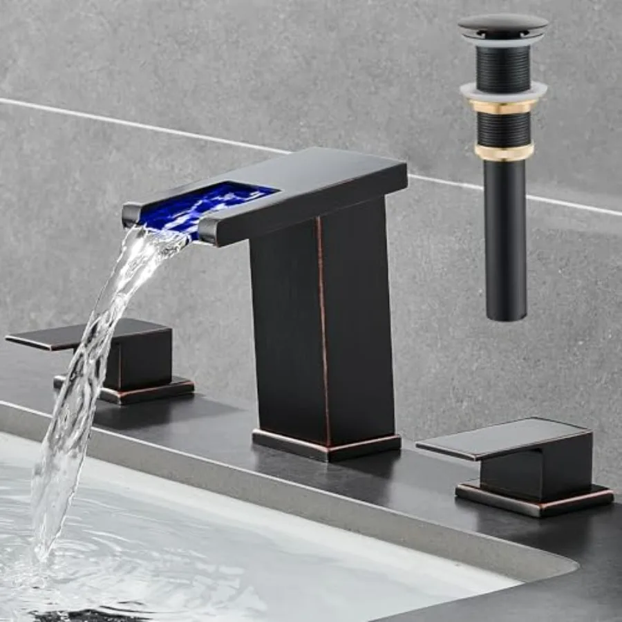 

LED Bathroom Faucet 3 Hole Oil Rubbed Bronze Waterfall Bathroom Faucets 8 Inch Widespread Modern Bathroom Sink Faucet Parts Wid