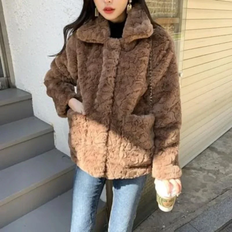 Autumn Winter New Imitation Rabbit plush Fur Coat Women's Korean version Loose Warm Jacket Lady single breasted Lamb fur Coats