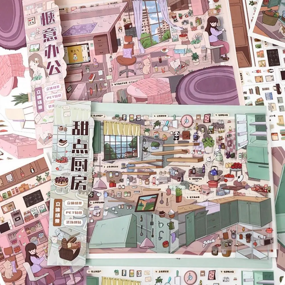 Kawaii Design Landscape Sticker Comfortable Work Dessert Theme 3D Sticker Cabin Scene Kitchen Sticker Festival Decoration