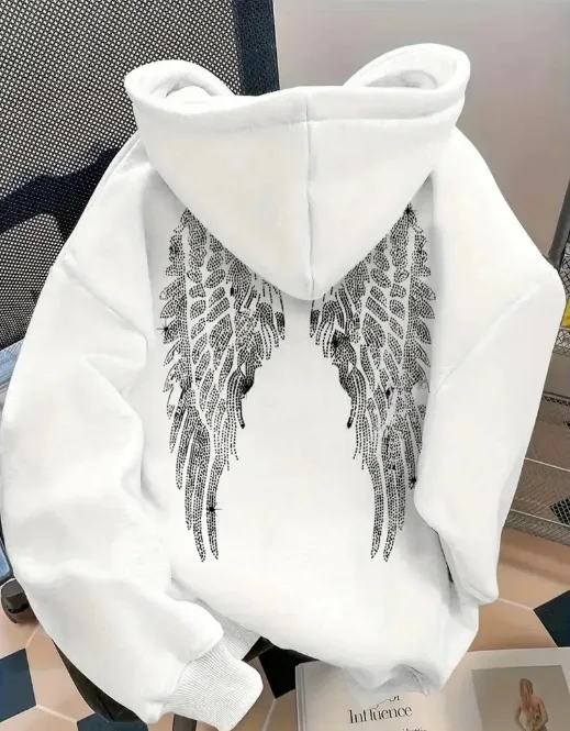 Women Oversized Hoodie Angel Wings Print Pullover Long Sleeve Loose Fit Streetwear Casual Sweatshirt