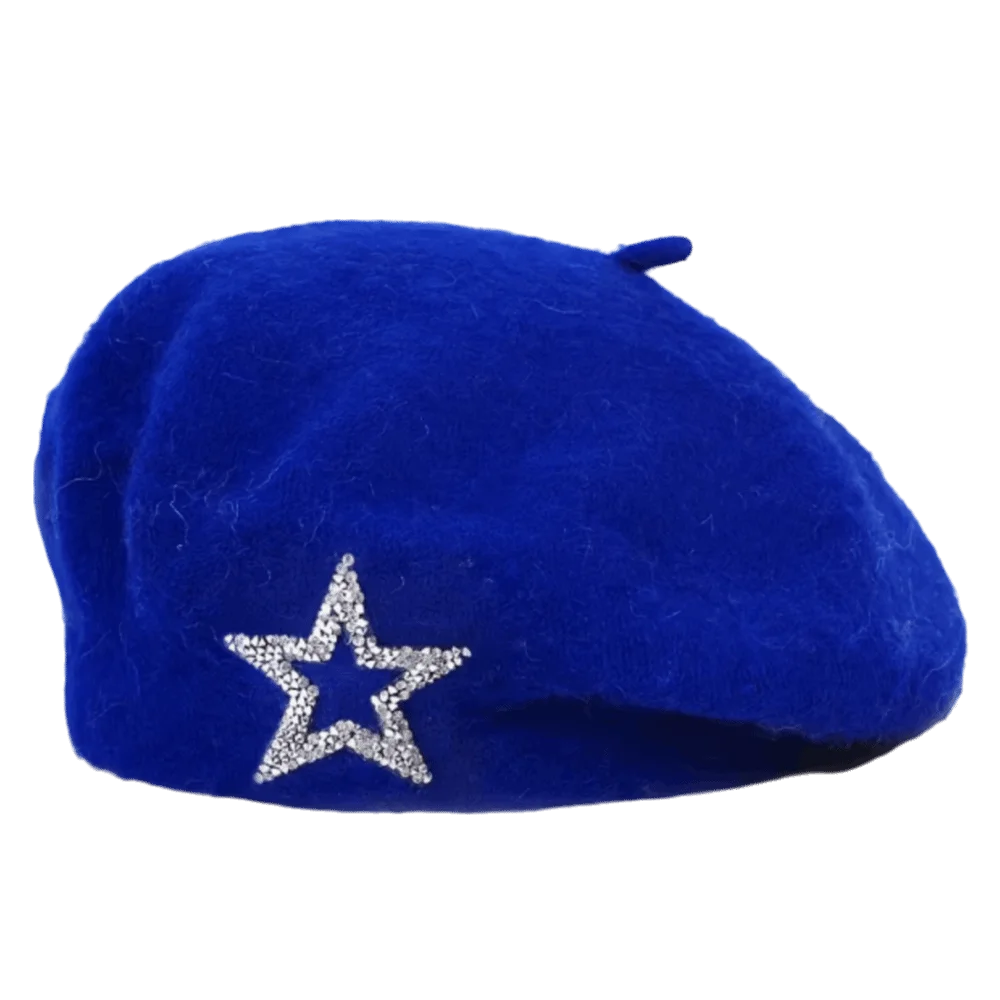 Streetwear Five-Pointed Star Wool Beret Soft Solid Color Knitted Painter Hat Warm Rhinestone Decor Beanie Cap Travel