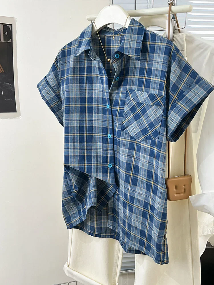 

Retro Plaid Pure Cotton Women Shirt Summer Simple Lapel Blue Shirts Ladies Single Breasted Button Straight Female Shorts Sleeve