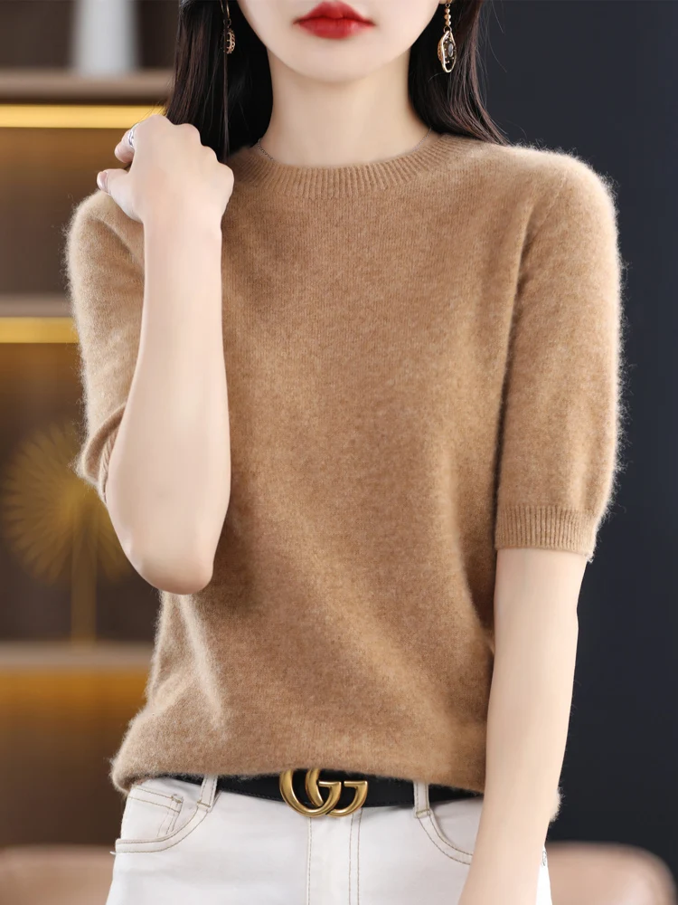 New O-neck Solid Color Pullover 100% Merino Wool Women\' Sweater Spring Summer Half sleeved Basic Clothing Single Fitting Tops