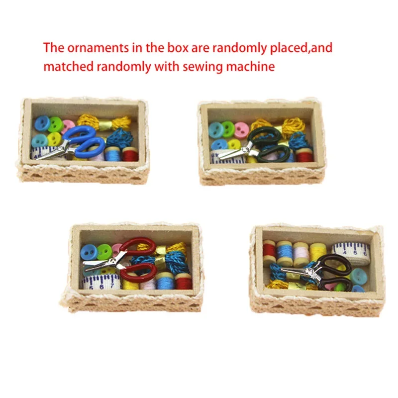 1/12 Dollhouse Miniature อุปกรณ์เสริม MINI จักรเย็บผ้าชุดจําลองกรรไกรเส้นด้ายของเล่นสําหรับตกแต่งตุ๊กตา