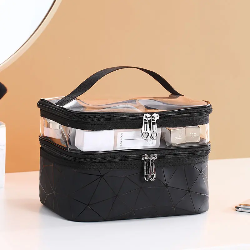 Bolsa de cosméticos transparente doble multifunción para mujer, estuche de maquillaje de gran capacidad, organizador de maquillaje de viaje, almacenamiento de artículos de tocador y belleza