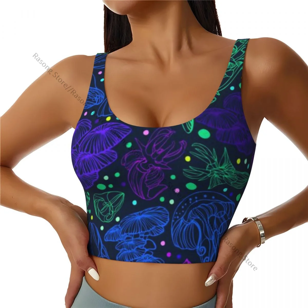 Yoga Vest Women Gym Sports Crop Tops Colorful Bioluminescent Fish And Mushrooms Streetwear Workout Breathable Tank Top Female