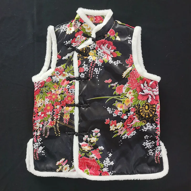 Thick Flower Female Fashion Chinese New Year Clothing Vinatge Traditional Style Ladies Tang Suit Quilted Vest Waistcoat Winter