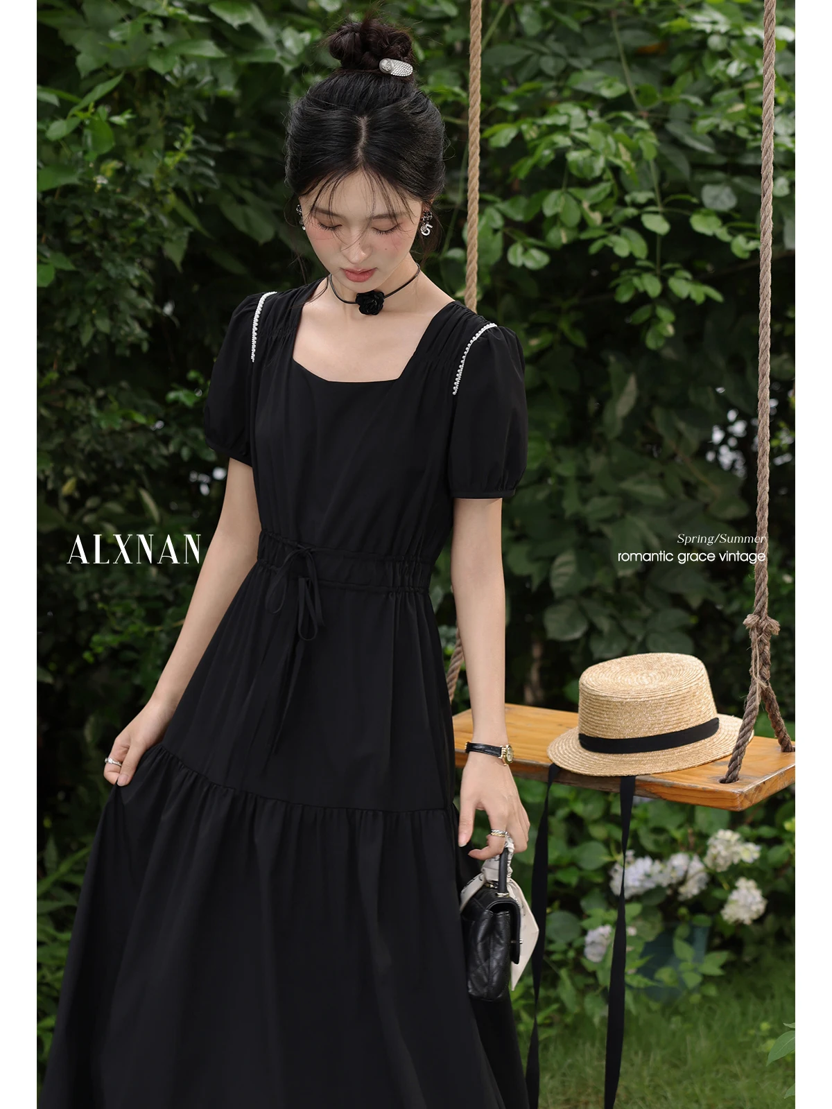 ALXNAN Schwarzes Kleid für Damen, lang, quadratischer Ausschnitt, Puffärmel, Perlen-Design, Kleid, 2025, Sommer, lässig, Party, Kurzarm, Kleidung, L56096