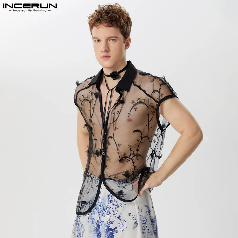 

INCERUN Men Shirt Mesh Transparent Embroidery Lapel Short Sleeve Men Clothing Streetwear Sexy Summer 2024 Fashion Camisas S-5XL