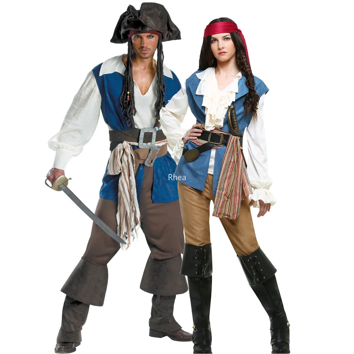 Women Men Pirate Costumes Gothic Jack Sparrow Pirate Cosplay Costume Halloween Carnival Masquerade Fancy Outfits Sets