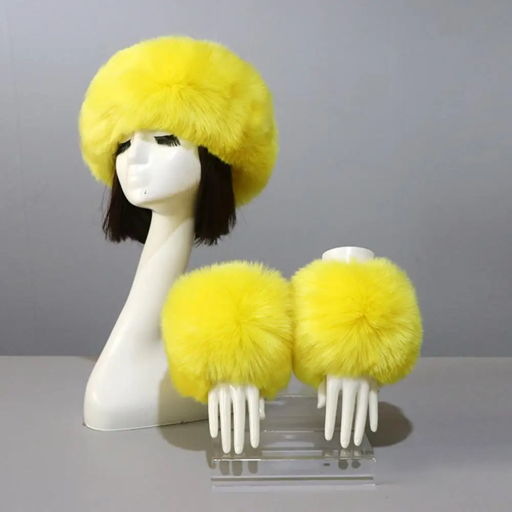 1 Set Hat Wrist Sleeves  Warm   Women Headband Gloves Pure Color Furry Hat Wrist Sleeves