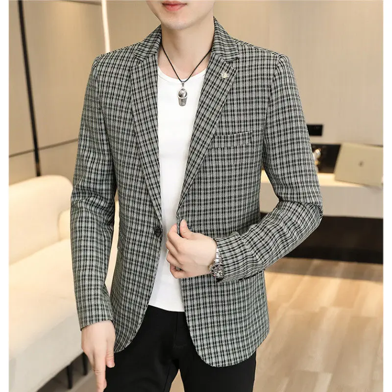 

Faionable Casual Slim Fit Men's Plaid Versatile Top Quali Polyester Blend Stand Cut Long Sve Suit Jaet for Autumn