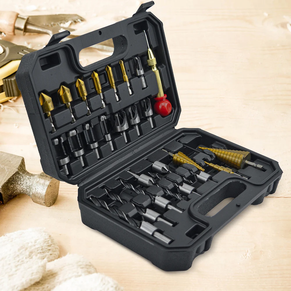 Conjunto de ferramentas de broca de 26 peças, incluindo perfurador central automático, broca escareadora de 3 pontas, cortador de madeira, broca de chanfro