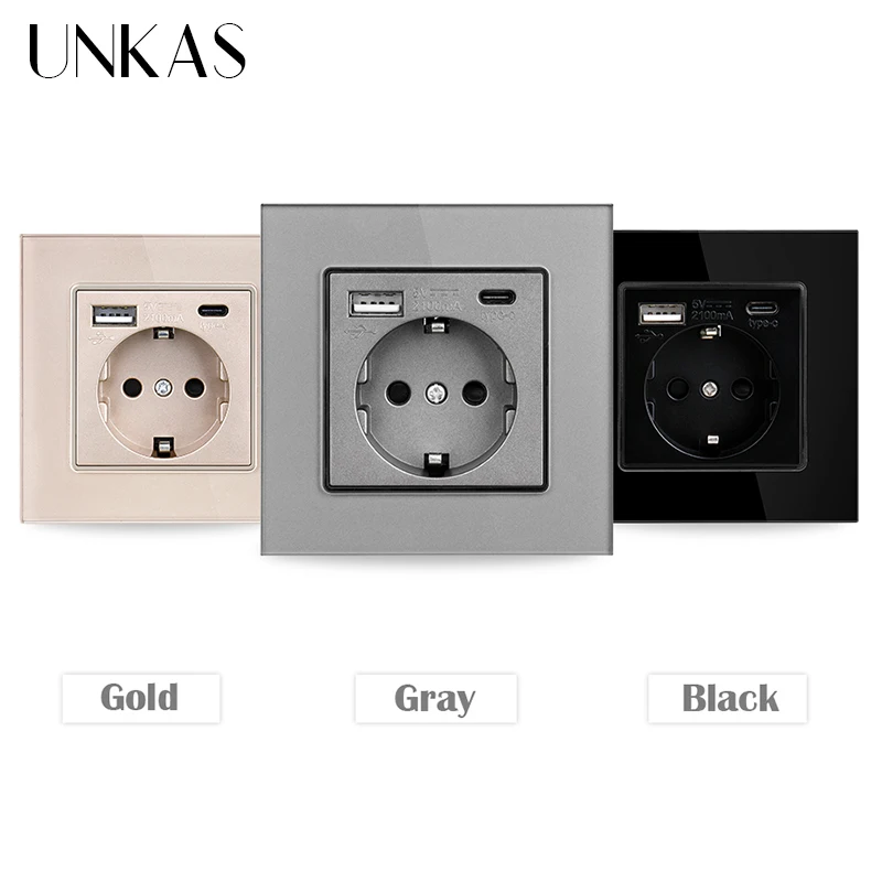 UNKAS Type-C USB Tempered Glass Panel Grey EU / Spain / Russia Wall Power Socket Grounded With Fast Charger Outlet Save Child