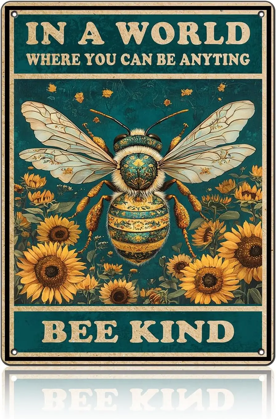 Vintage Metal Tin Sign Be Kind Bee Flower Metal Tin Poster for Home Living Room Bedroom Decor 12x16 inch-Aluminum