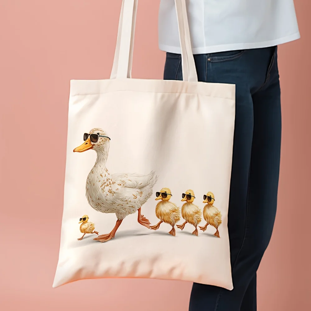 1pc, Duck Family Illustration Canvas Tote Bag Grocery Bags (35.05cm x 40.13cm), Stylish Shopping Bag for Daily Use, Commuting, B