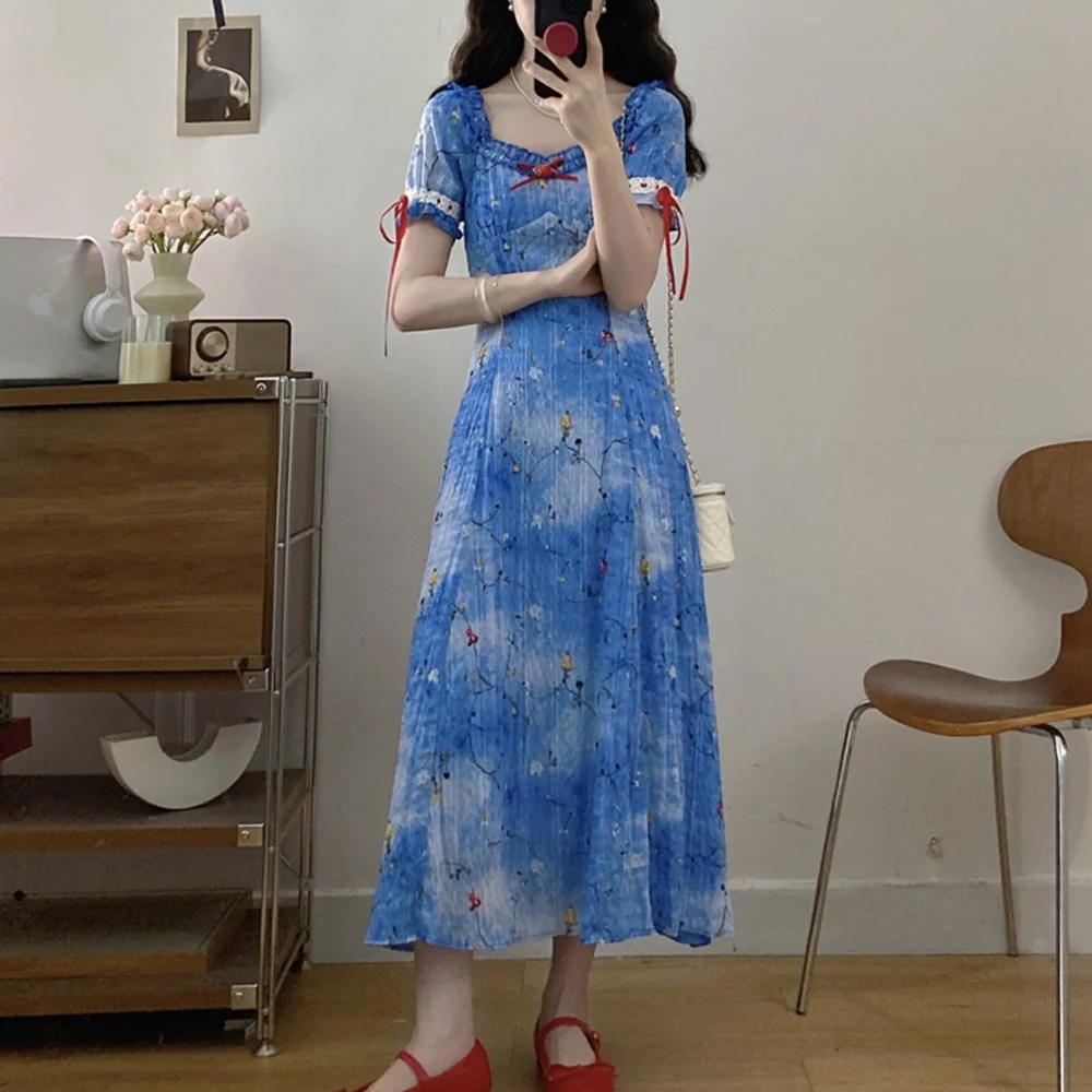 Tallas grandes suave dulce Sle gasa larga Dr azul estampado Floral adelgazante cintura alta A-Line falda coreana Sle verano Dr