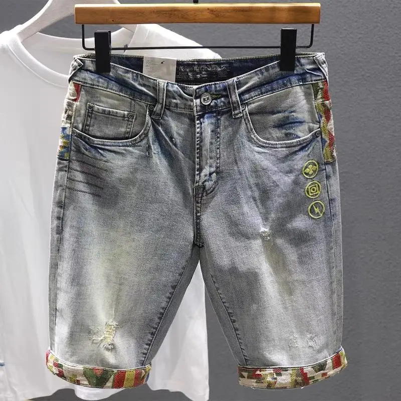 Pantalones cortos de mezclilla para hombre, pantalones vaqueros cortos multicolores para hombre, gráfico rasgado, pantalones de lujo, botones desgastados Harajuku Xl Xxxl