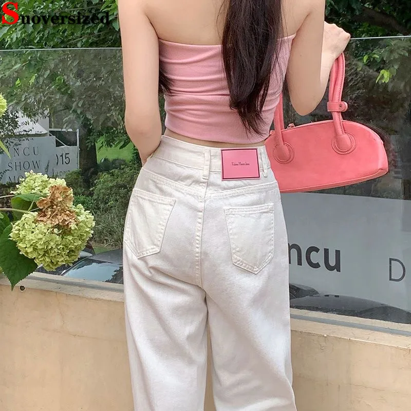 

White Lift Hip High Waist Straight Jeans Korea Fashion Vintage Pantalones Casual Wide Leg Vaqueros Streetwear Women Denim Pants