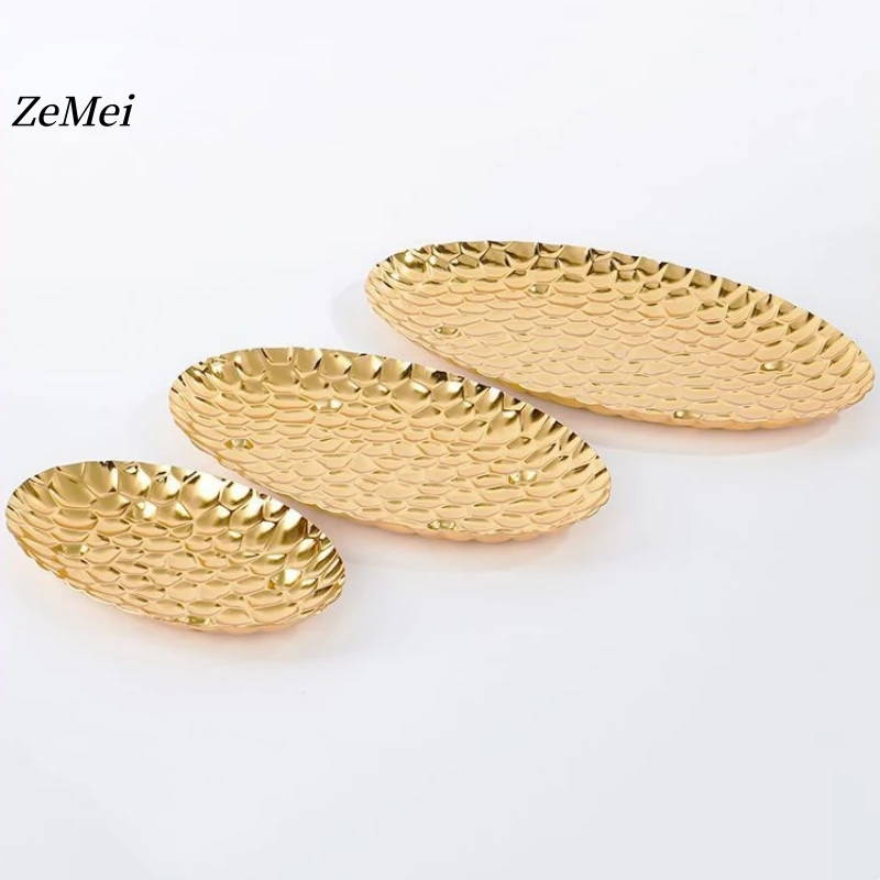 Elliptical Fruit Plate, European-Style Exquisitely Carved Hammer Texture Metal Cake Tray, Home Dessert Snack Plate Decoration