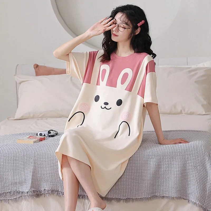 Women Large Size Pajamas Short-Sleeved Nightgown Cartoon Bear Xl Long Girl Robe Rabbitlong Skirt Loungewear Sexy Nightwear Dress