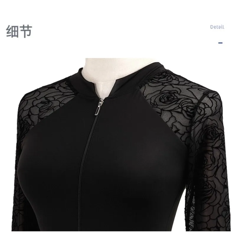 Women Lace Dance costume Gymnastics Leotard adult spring flocking Ballet practice Bodysuit Stand collar performance clothing